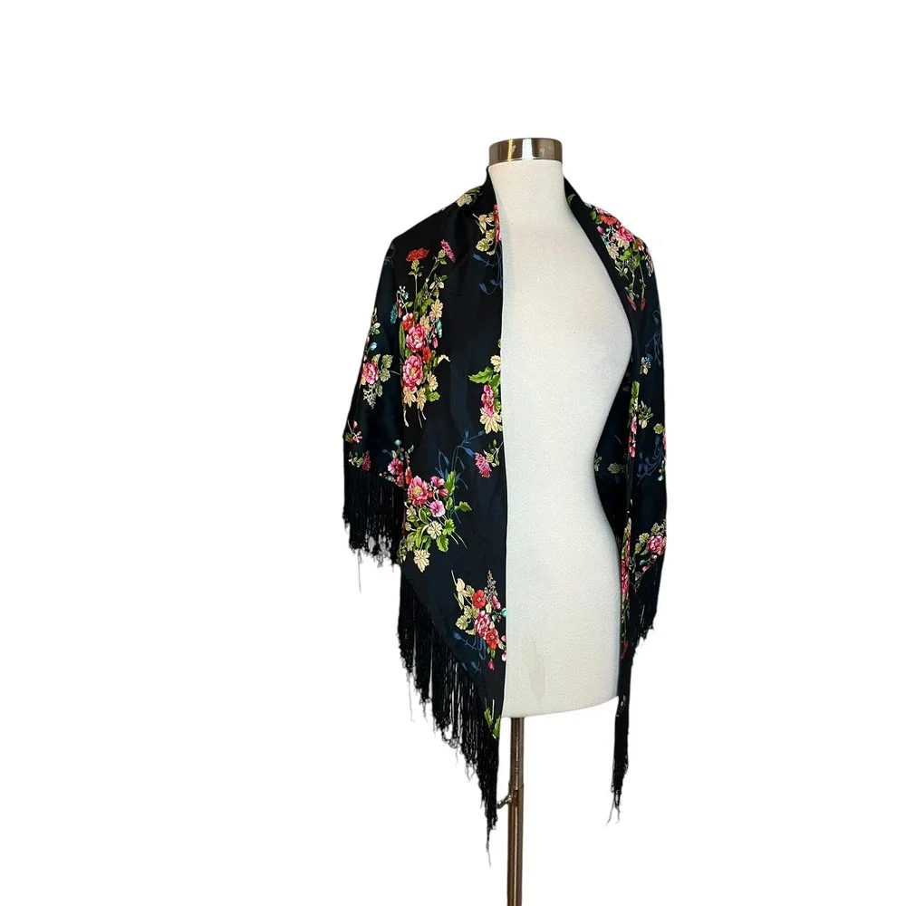 Black Women's Floral Shawl Satin With Fringe Wedding Dressy